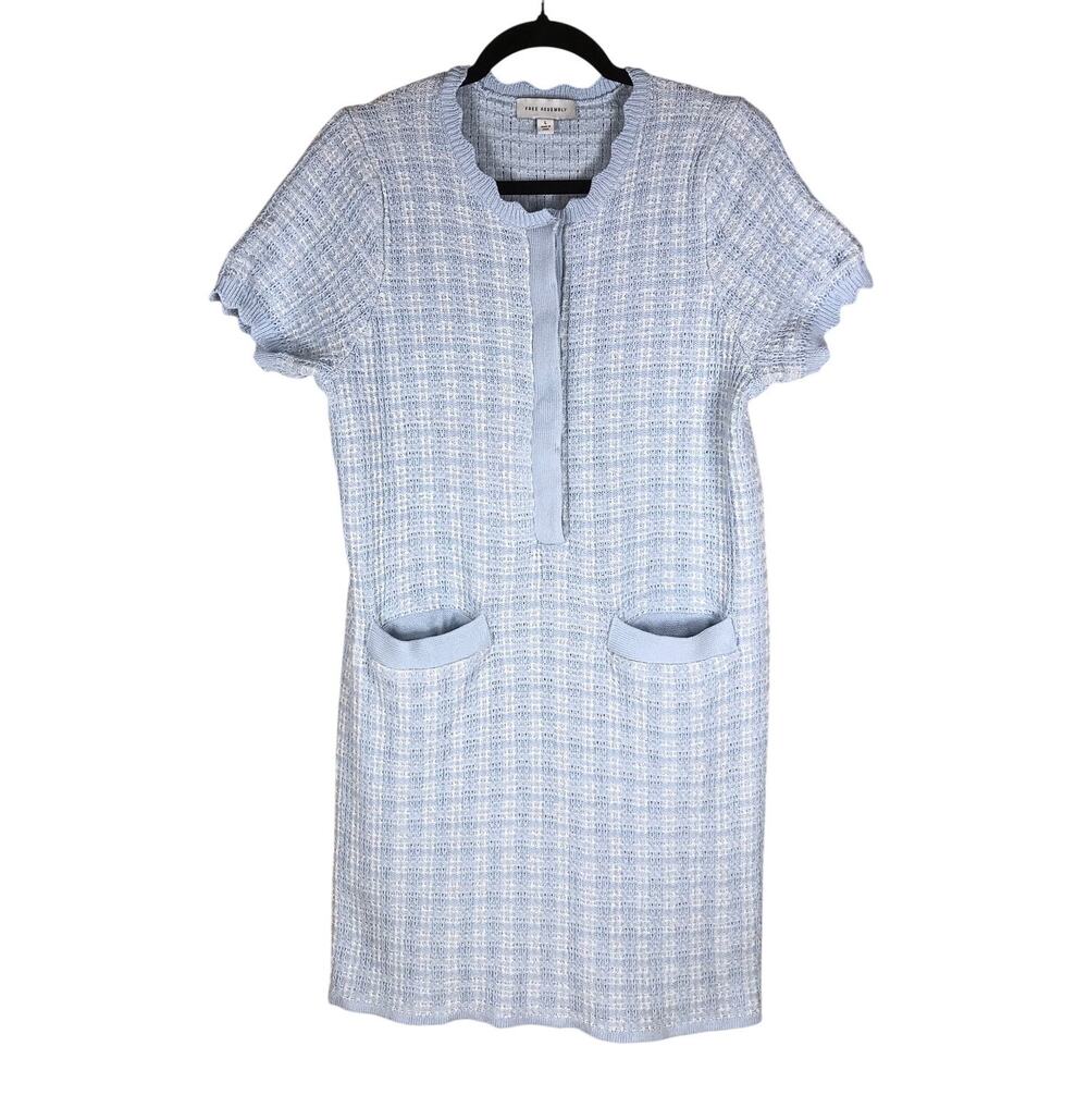 Free Assembly Dress Women’s Large Blue Plaid Knit Mini Pockets Button Front